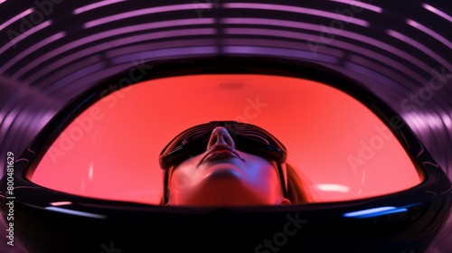 A woman lies in a futuristic medical pod with a red light shining on her face.