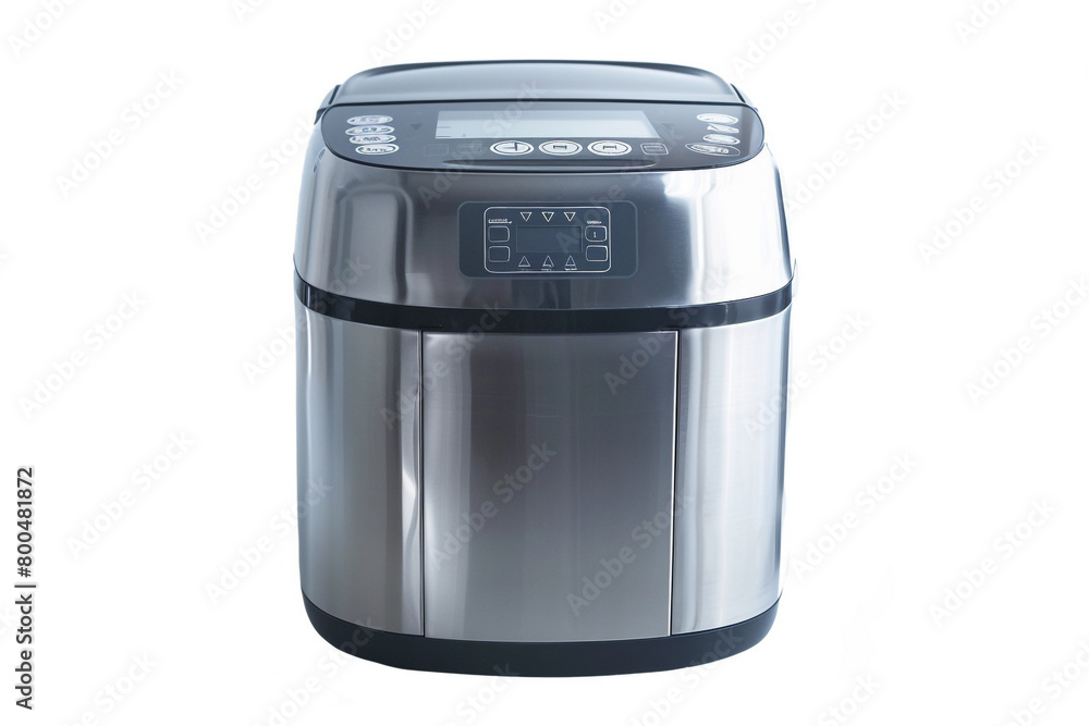 A modern stainless steel bread maker with a digital control panel and a viewing window isolated on a solid white background. A modern stainless steel bread maker with a digital control panel and a viewing window isolated on a solid white background.