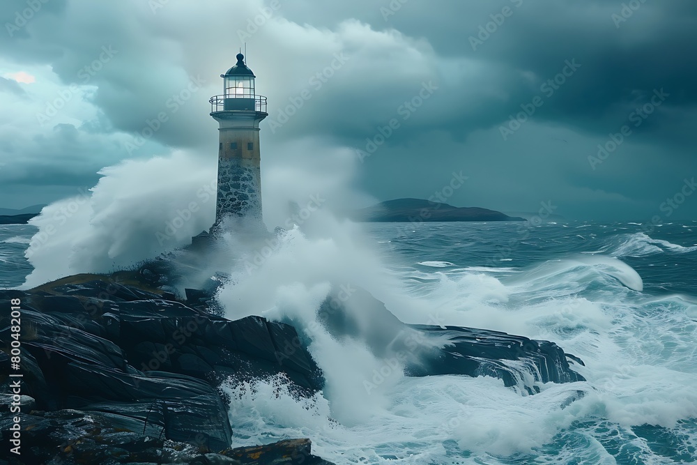 A solitary lighthouse on a stormy coast, waves crashing against the rocky shore