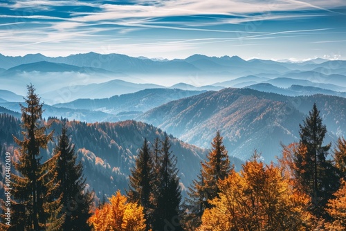 Vibrant Autumn Trees and Majestic Mountain Range - Seasonal Beauty, Natural Landscape, Outdoor Exploration