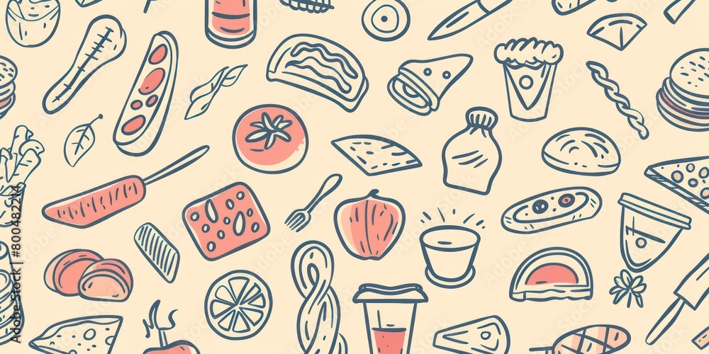 food and cooking icons in simple outline doodle design scattered on a flat full background food and cooking icons in simple outline doodle design scattered on a flat full background
