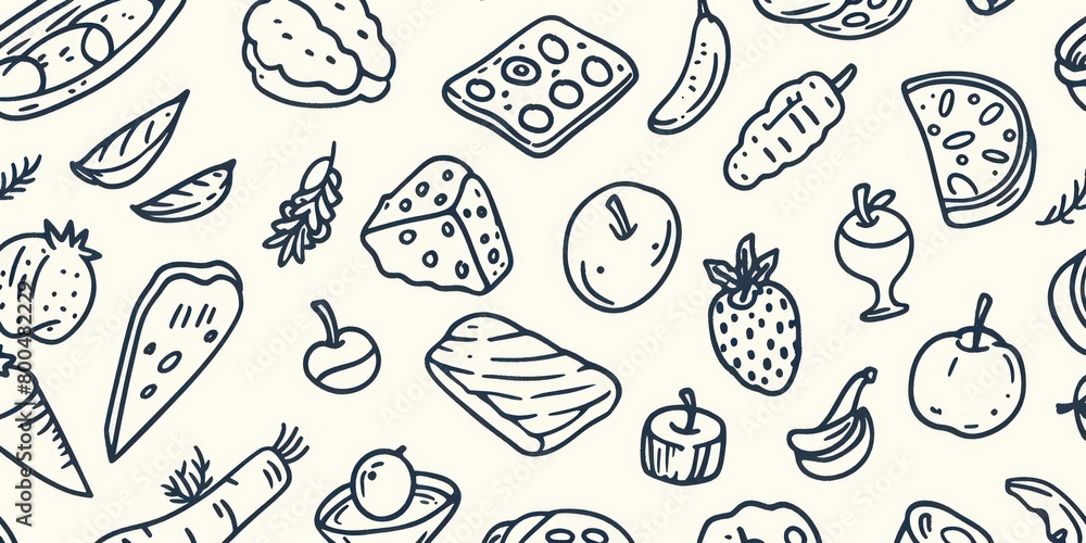 food and cooking icons in simple outline doodle design scattered on a flat full background food and cooking icons in simple outline doodle design scattered on a flat full background