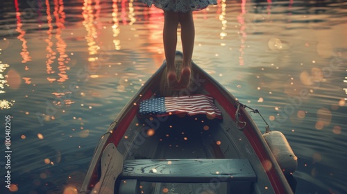 Child's legs dangle from a boat adorned with American flags on July 4th. Child's legs hanging over the edge of a decorated boat symbolize American Independence Day. photo