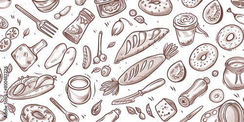 food and cooking icons in simple outline doodle design scattered on a flat full background