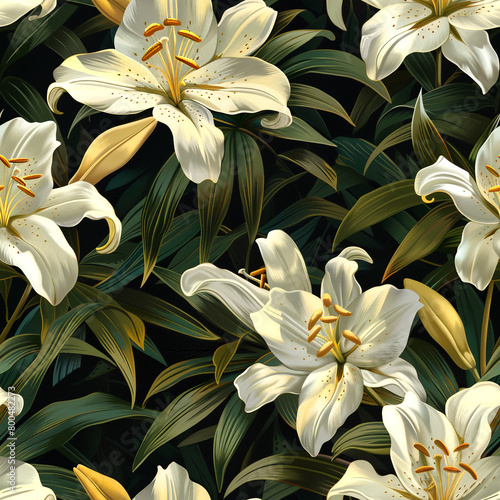 seamless pattern of lilies, white flowers with yellow centers and green leaves on a dark background, in the style of vintage oil painting