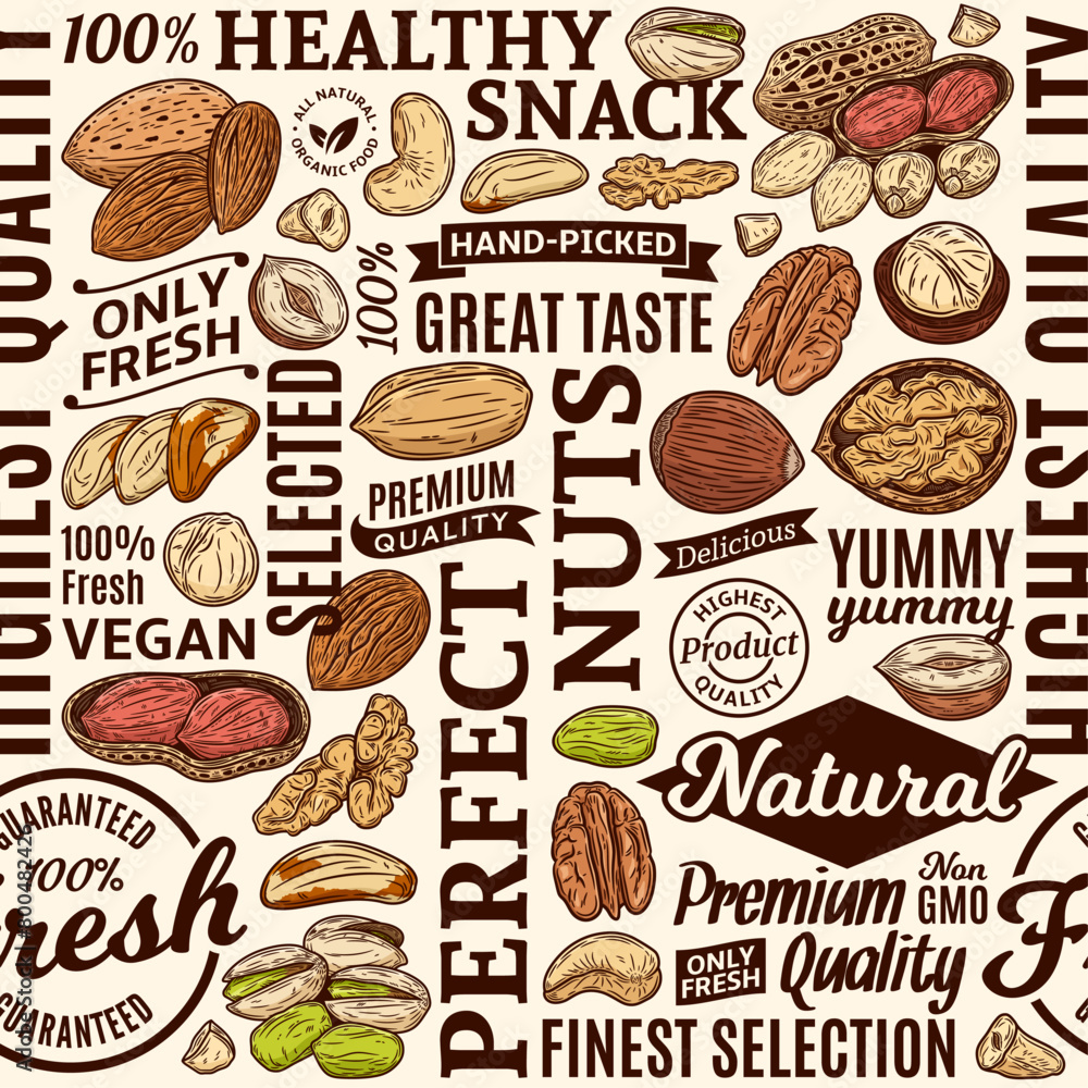 Typographic vector mixed nuts seamless pattern or background. Nut ...