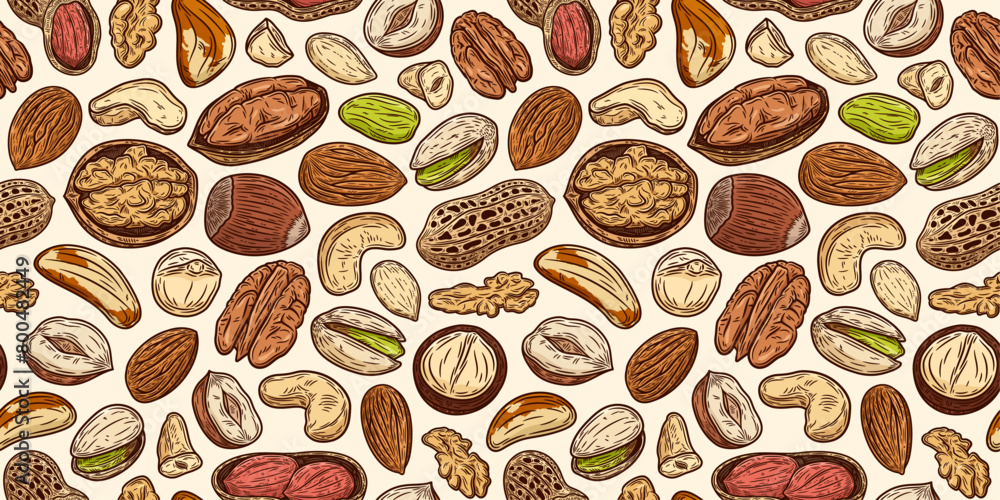 Vector different types of nuts colorful seamless pattern or background. Nut kernels and nutshells colorful illustration
