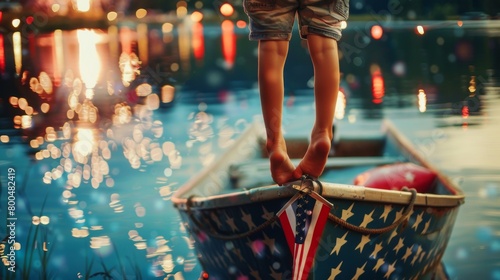 Child's legs dangle from a boat adorned with American flags on July 4th. Child's legs hanging over the edge of a decorated boat symbolize American Independence Day. photo