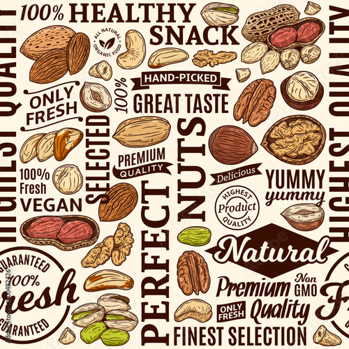 Typographic vector mixed nuts seamless pattern or background. Nut kernels and nutshells illustrations, vector food icons