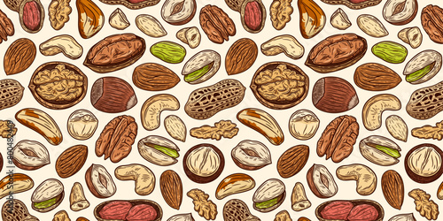 Vector different types of nuts colorful seamless pattern or background. Nut kernels and nutshells colorful illustration