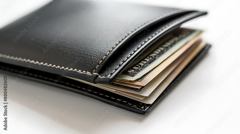 Black leather wallet with dollars on a white background close-up. Black leather wallet with dollars on a white background close-up.
