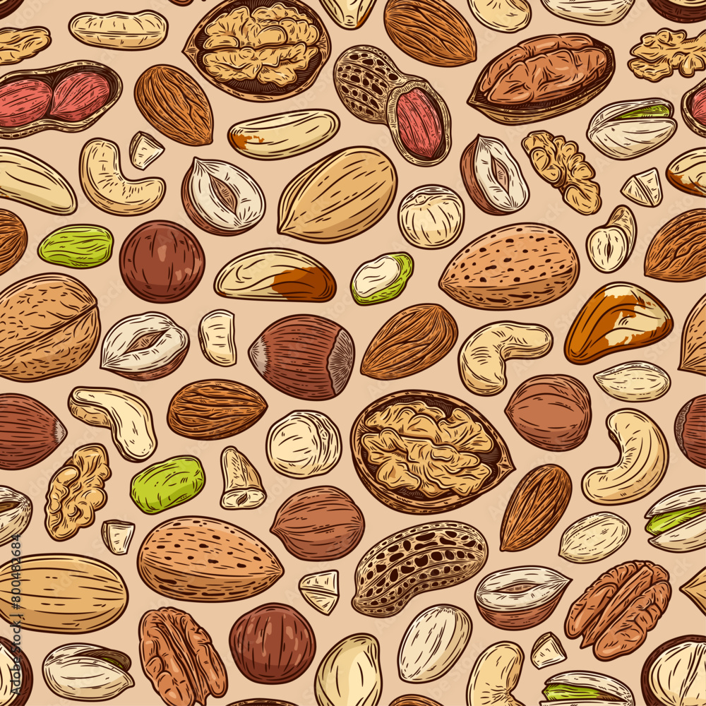 Vector mixed nuts seamless pattern or background. Nut kernels and nutshells colorful illustration Vector mixed nuts seamless pattern or background. Nut kernels and nutshells colorful illustration