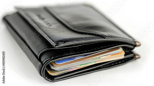 Black leather wallet with euro banknotes isolated on a white background.
