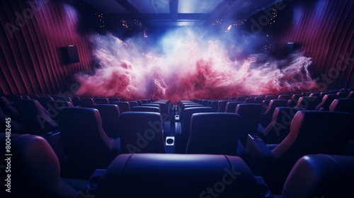 An empty movie theater with a bright light and colorful smoke photo