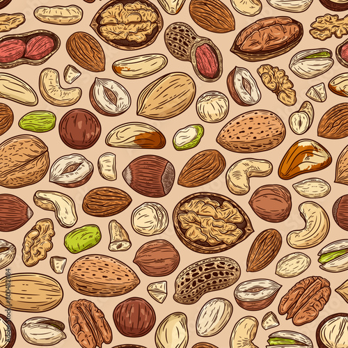 Vector mixed nuts seamless pattern or background. Nut kernels and nutshells colorful illustration