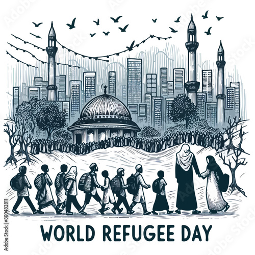 Colorful hand-drawn vector art World Refugee Day banner template with Muslim people walking to seek for house.