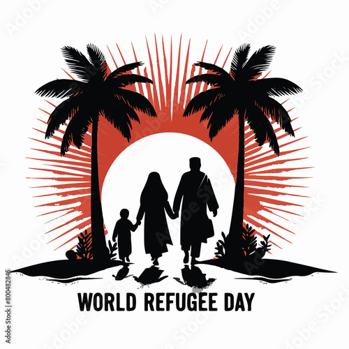 Vector illustration of black Silhouette, palm tree, and sun for World Refugee Day banner and poster template design.