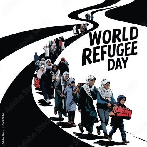 Colorful hand-drawn vector art World Refugee Day banner template with Muslim people walking to seek for house.