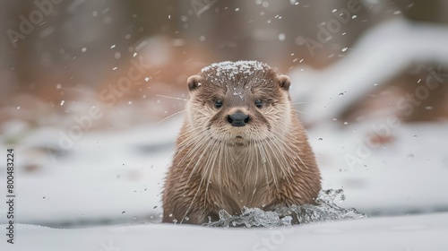  A tight shot of an otter submerged in water, surrounded by snow-covered trees in the background
