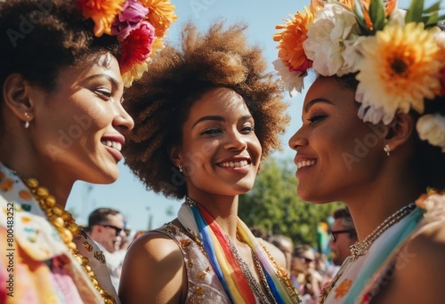 Joyful women adorned with vibrant headdresses smile at a carnival celebration. photo