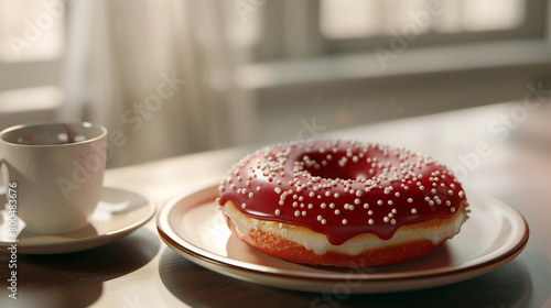  Morning Indulgence  Red Velvet Donut with Cream and Sprinkles  Cozy Breakfast