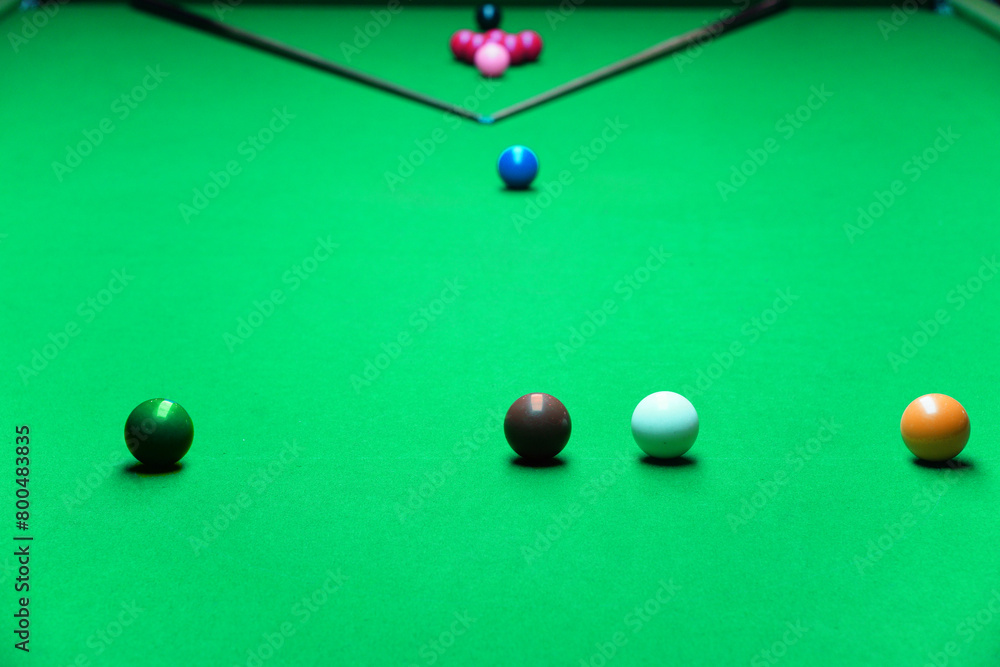 Snooker table with balls and playing sticks for snooker. Snooker table with balls and playing sticks for snooker.