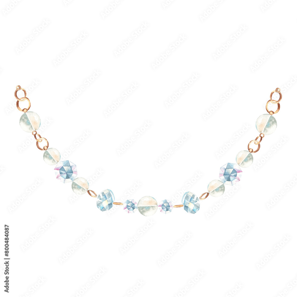Jewelry thread or string with crystals, beads and gold rings isolated on white background. Hand drawn watercolor illustration. Design element for decoration, cards and prints. Jewelry thread or string with crystals, beads and gold rings isolated on white background. Hand drawn watercolor illustration. Design element for decoration, cards and prints.