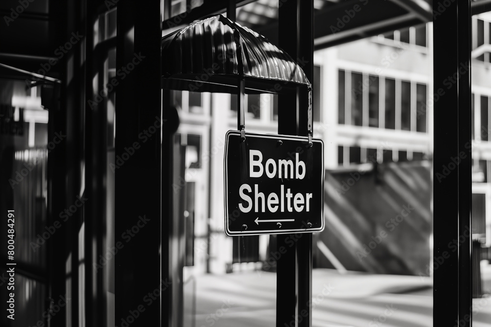 Bomb shelter sign hanging in urban environment Bomb shelter sign hanging in urban environment