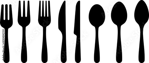 Spoon, knife, fork icon set, Dining silverware Silhouette, cutlery, Vector illustration. photo