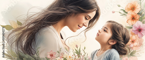 Portrait of a mother and daughter, World Mother's Day concept design for holidays, family love, motherhood celebration