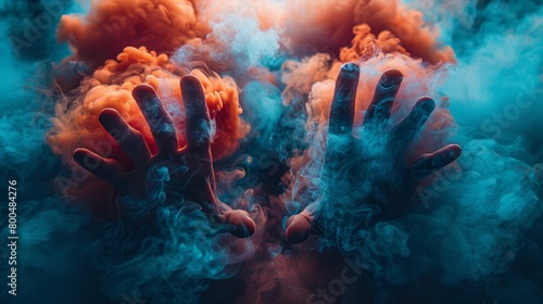 Hands emerging from vibrant blue and orange smoke photo