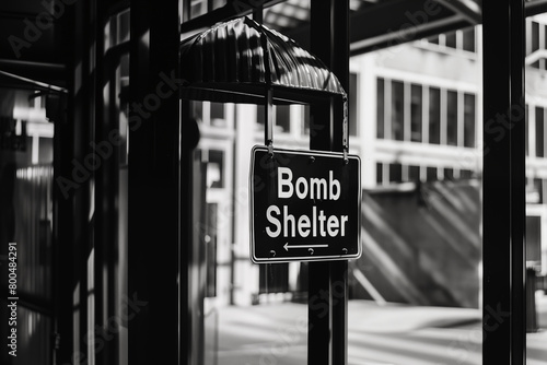 Bomb shelter sign hanging in urban environment photo