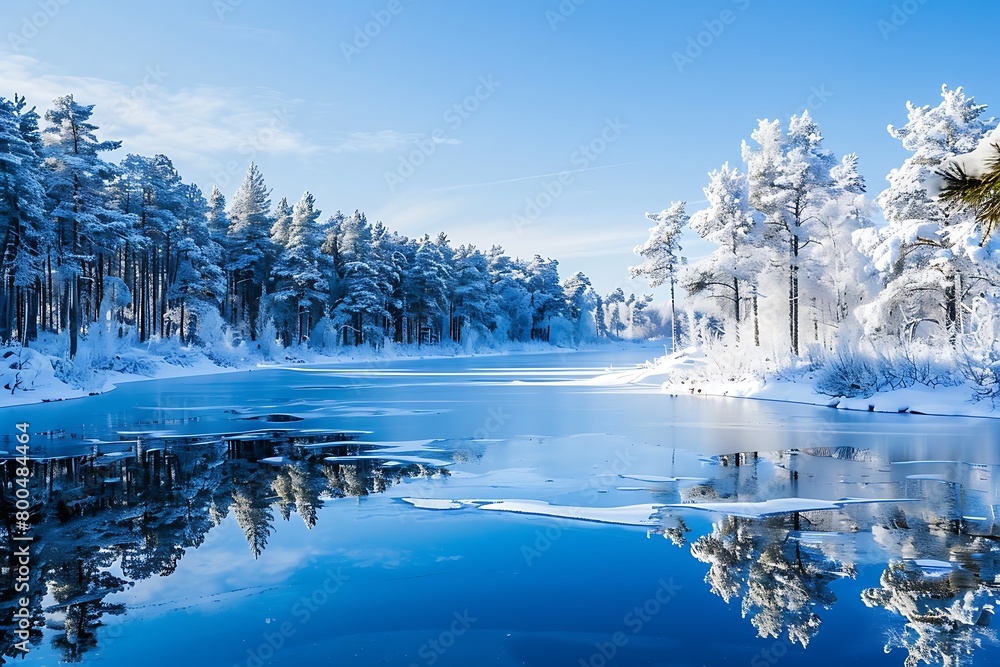 A tranquil, frozen lake surrounded by snow-dusted pine trees and a clear blue sky