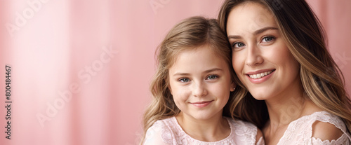 Portrait of a Caucasian mother and daughter on a pink background. World Mother's Day concept design for holidays, family love, motherhood celebration