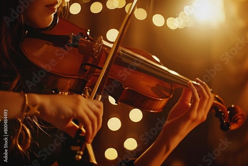 Close-up of a violinist performing in warm light
