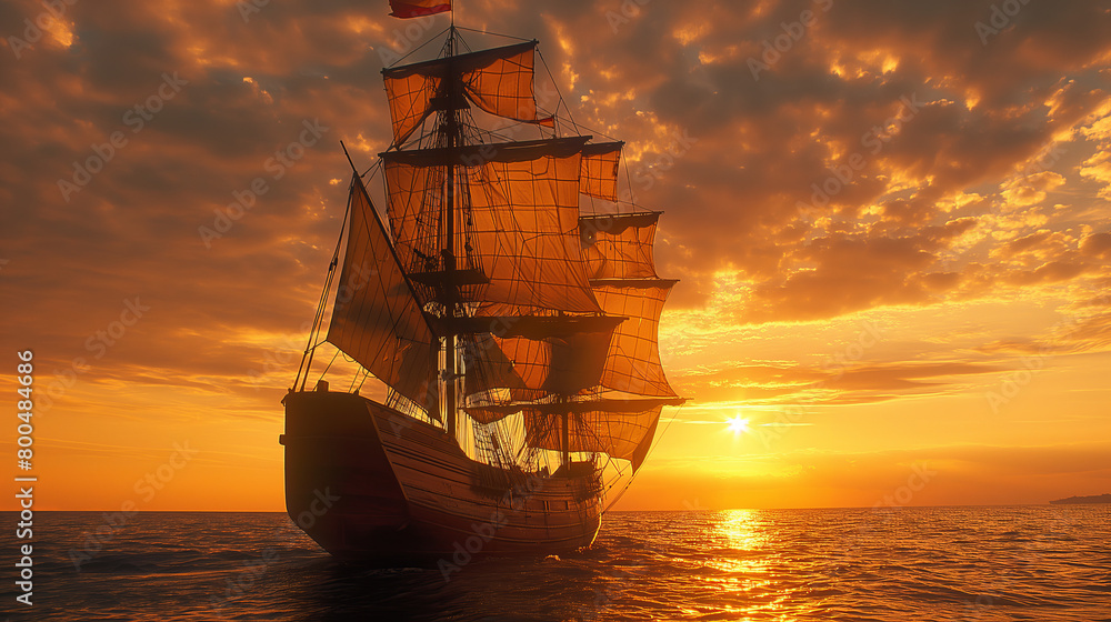 A majestic tall ship sails on a golden ocean beneath a vibrant sunset sky, reflecting the day's last light