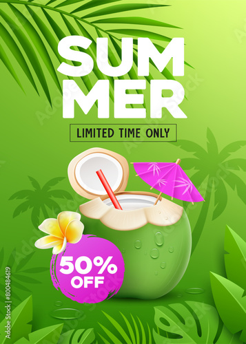 Summer sale, coconut fruit fresh and flower tropical green leaf poster design green background, Eps 10 vector illustration
