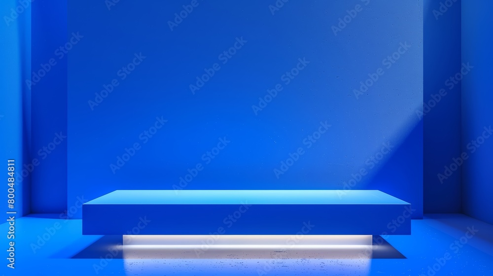 Artistic close-up of a minimalist product display stand highlighted by a Klein blue backdrop and a clean, bright light bar Artistic close-up of a minimalist product display stand highlighted by a Klein blue backdrop and a clean, bright light bar