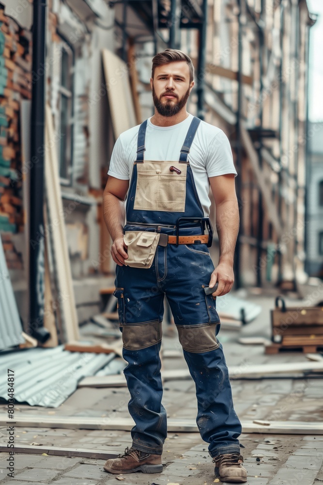 Carpenter in overalls on urban street Carpenter in overalls on urban street