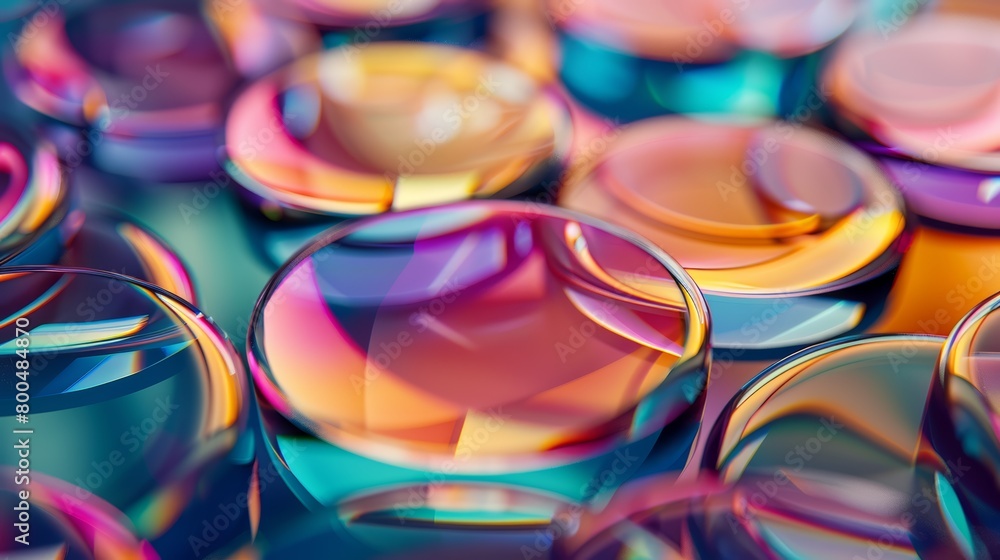 3D rendering of glass disc shapes arranged in an artistic composition, featuring vibrant colorful reflections on each surface, ideal for modern art themes 3D rendering of glass disc shapes arranged in an artistic composition, featuring vibrant colorful reflections on each surface, ideal for modern art themes