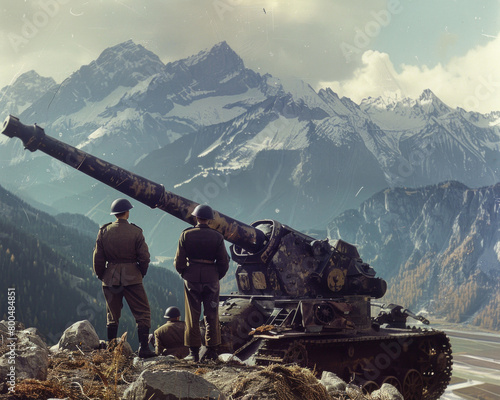 german military officers looking at the gigantic long range howittor in sardiy, color photo photo