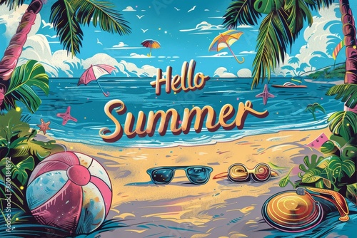 Festive summer banner with the text Hello Summer, adorned with icons of sun hats, beach balls, and sunglasses, vibrant colors against a backdrop of a sandy beach and blue sky photo