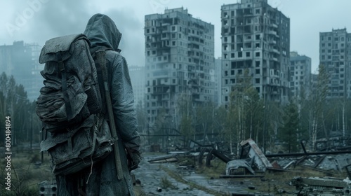  A man, holding a backpack, stands amidst a devastated landscape surrounded by ruined structures