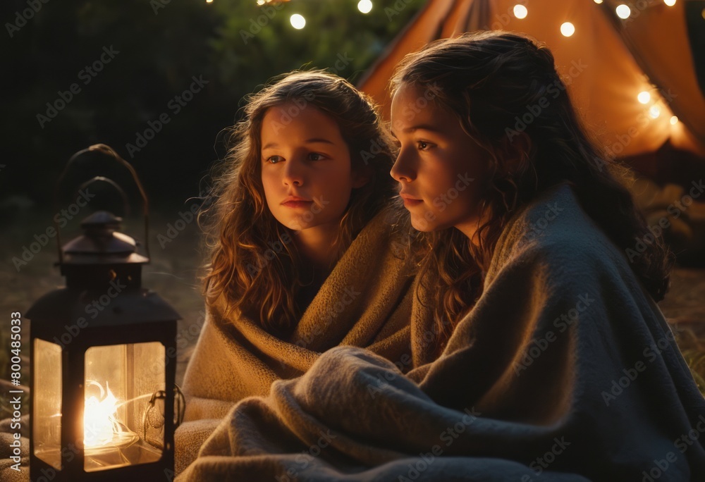 Sisters wrapped in a blanket share a warm moment by the lakeside, illuminated by a lantern under the evening sky.