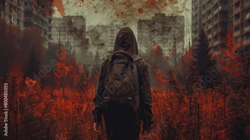   A person  holding a backpack  stands amidst a field of towering structures Smoke  emitting a reddish hue  billows from the building backgrounds