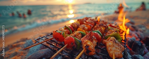 Summer beach barbecue, group of friends grilling seafood and vegetables, casual and fun, sandy beach setting, sunset creating a warm glow, perfect summer evening photo