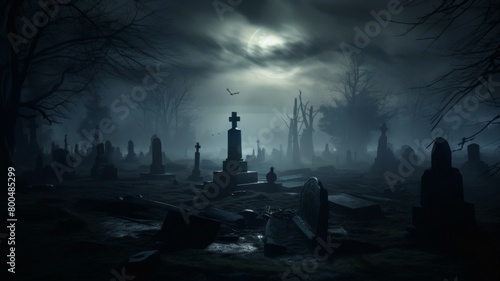 Atmospheric Halloween Night Fog Creeping Over Ancient Cemetery Tombstones Under Full Moon