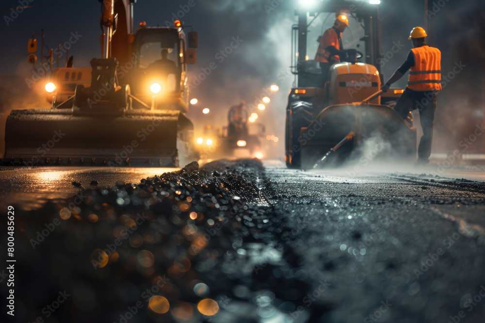 Nighttime Road Construction Scene with Intense Lighting Nighttime Road Construction Scene with Intense Lighting