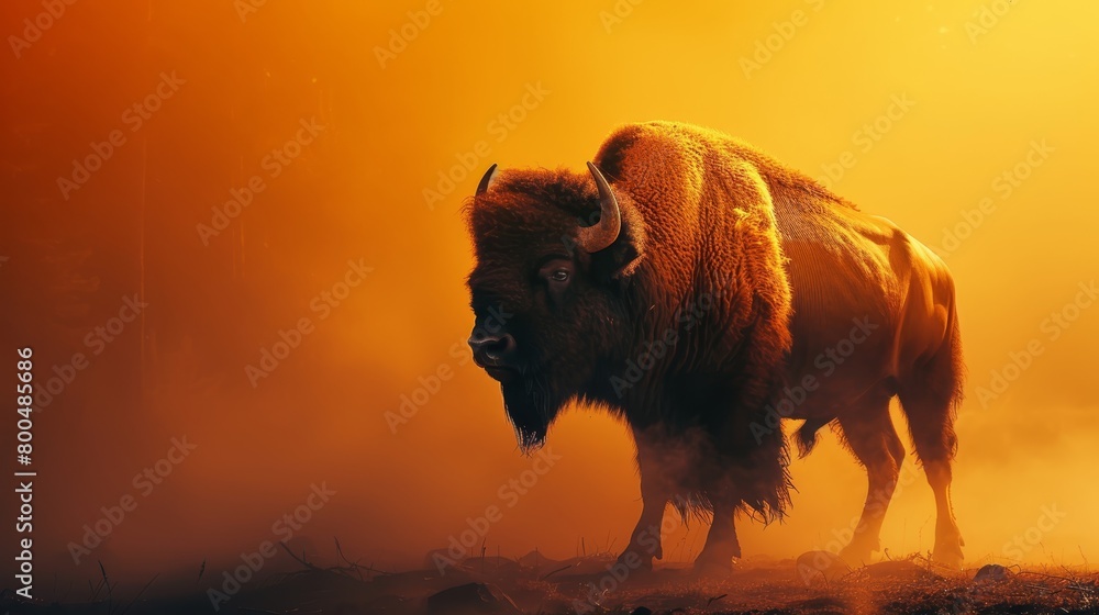  A bison stands in a field on a foggy day, surrounded by yellow and red hues, with the sun casting a golden glow behind