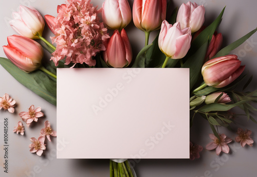 happy mother day greeting card copy space with tulip pink flowers #800485636